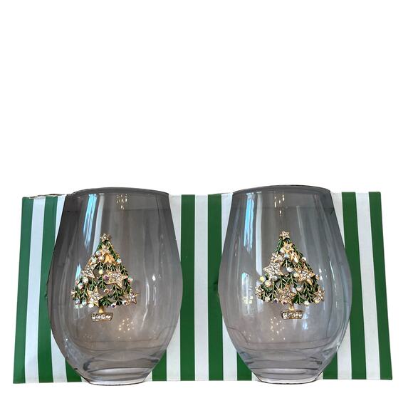(2) Stemless Wine Glasses Jeweled Christmas Tree Green & Gold Holiday Glam NEW - Picture 16 of 16